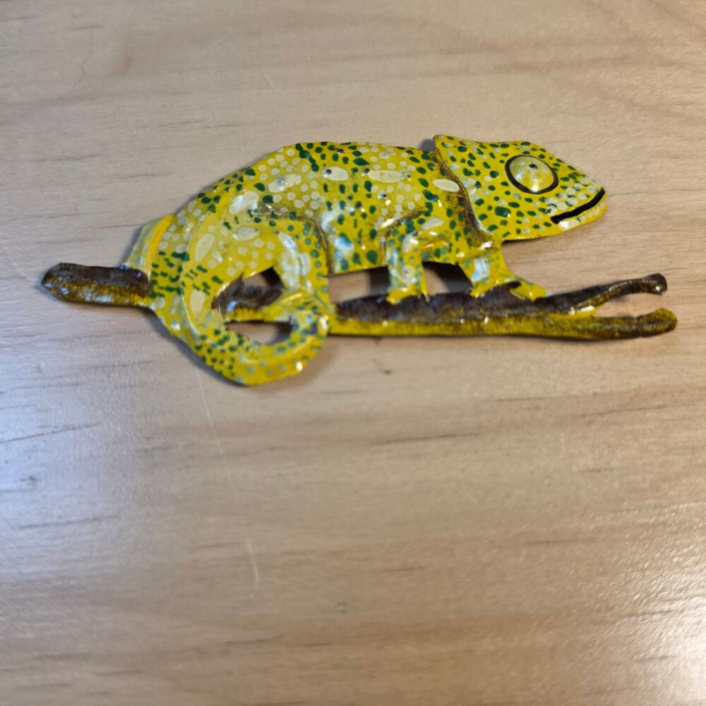 Hand-Painted Recycled Metal Chameleon Fridge Magnet - Folk Art Lizard Souvenir